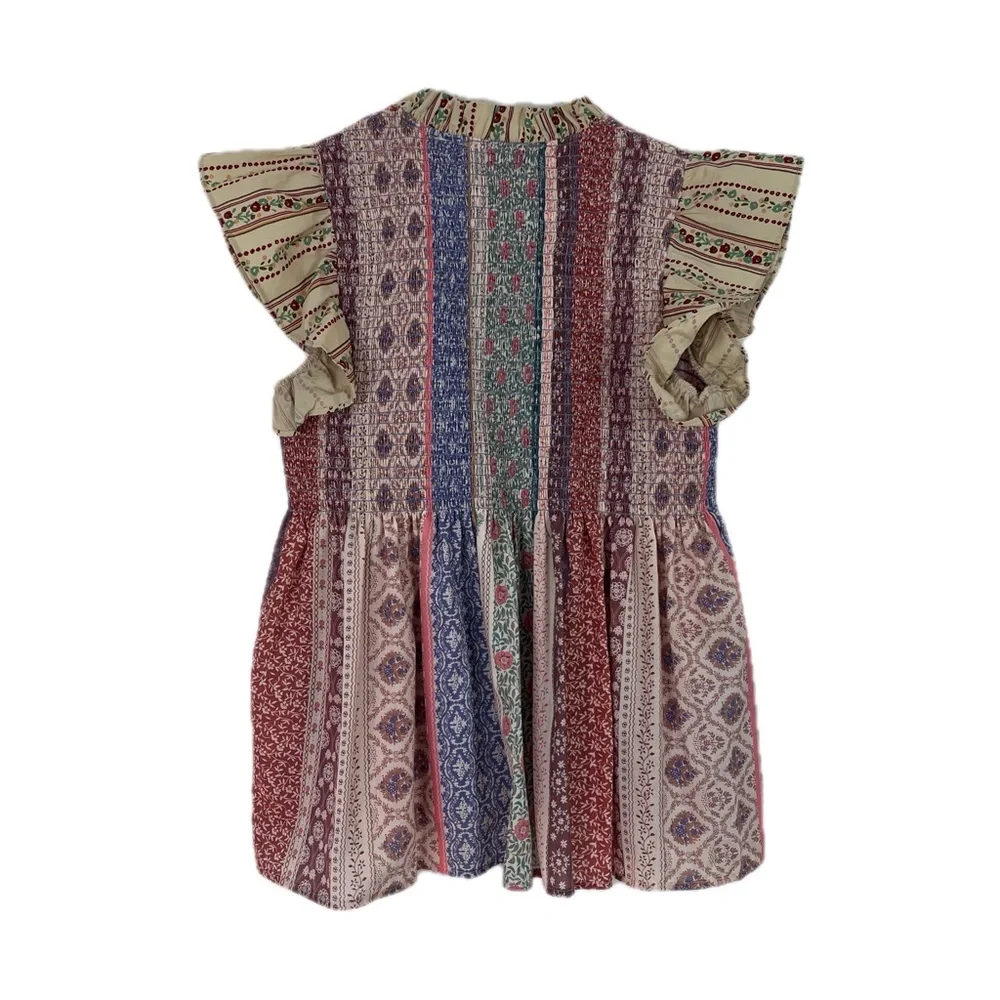 Davi & Dani Boho Patchwork Smocked Babydoll Flutter Sleeve Top Size S - Picture 3 of 9